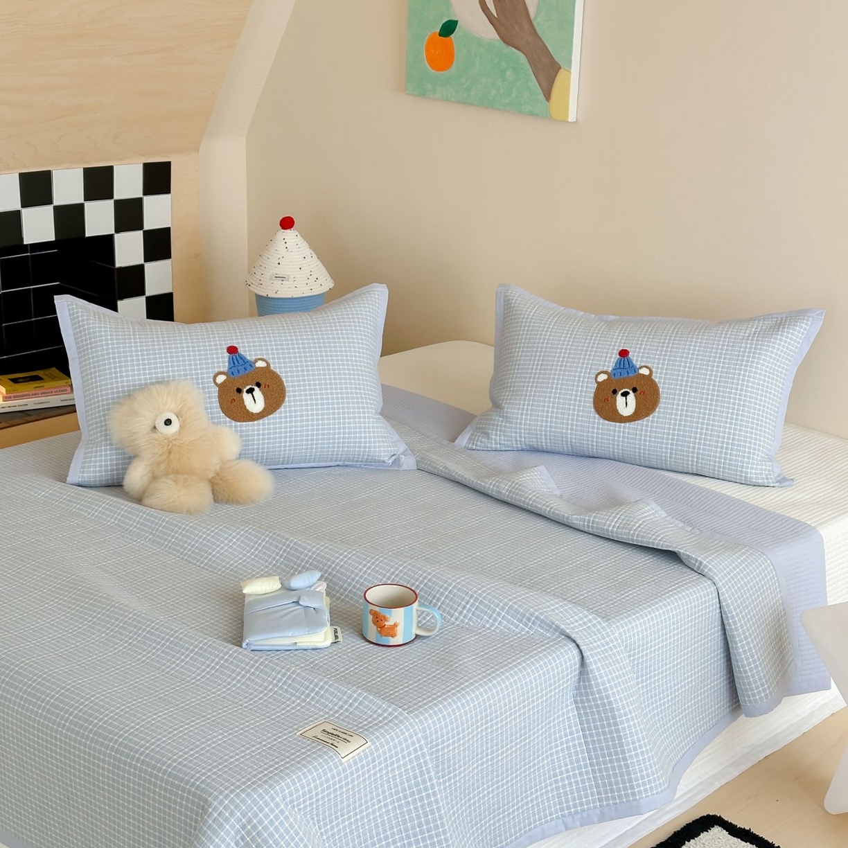 91家纺网 家纺一手货源 找家纺 觅糖家纺 2025新款色织水洗棉毛巾绣床盖四件套 帽子熊