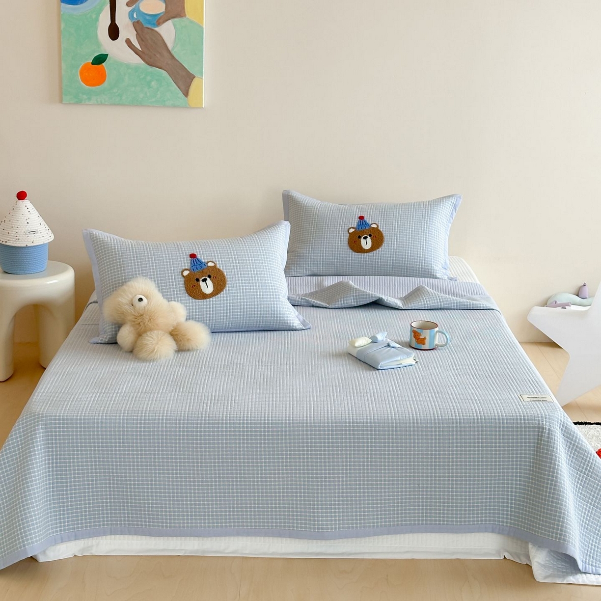 91家纺网 家纺一手货源 找家纺 觅糖家纺 2025新款色织水洗棉毛巾绣床盖四件套 帽子熊