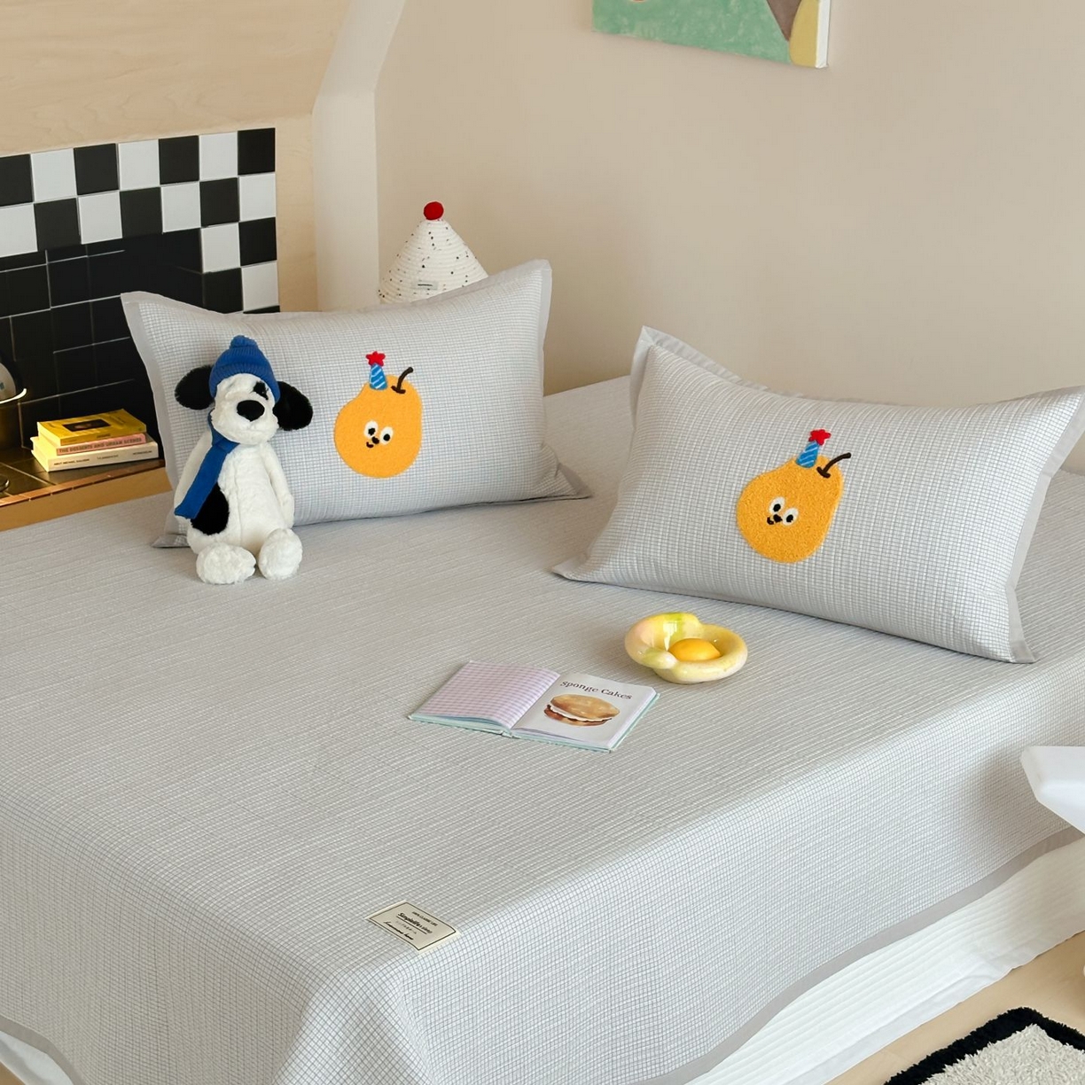 觅糖家纺 2025新款色织水洗棉毛巾绣床盖四件套 一只梨