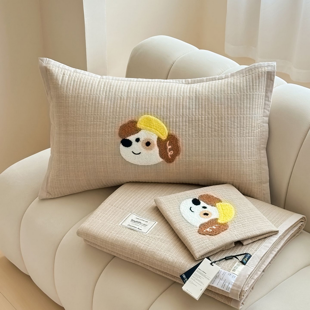 91家纺网 家纺一手货源 找家纺 觅糖家纺 2025新款色织水洗棉毛巾绣床盖四件套 咖色狗狗