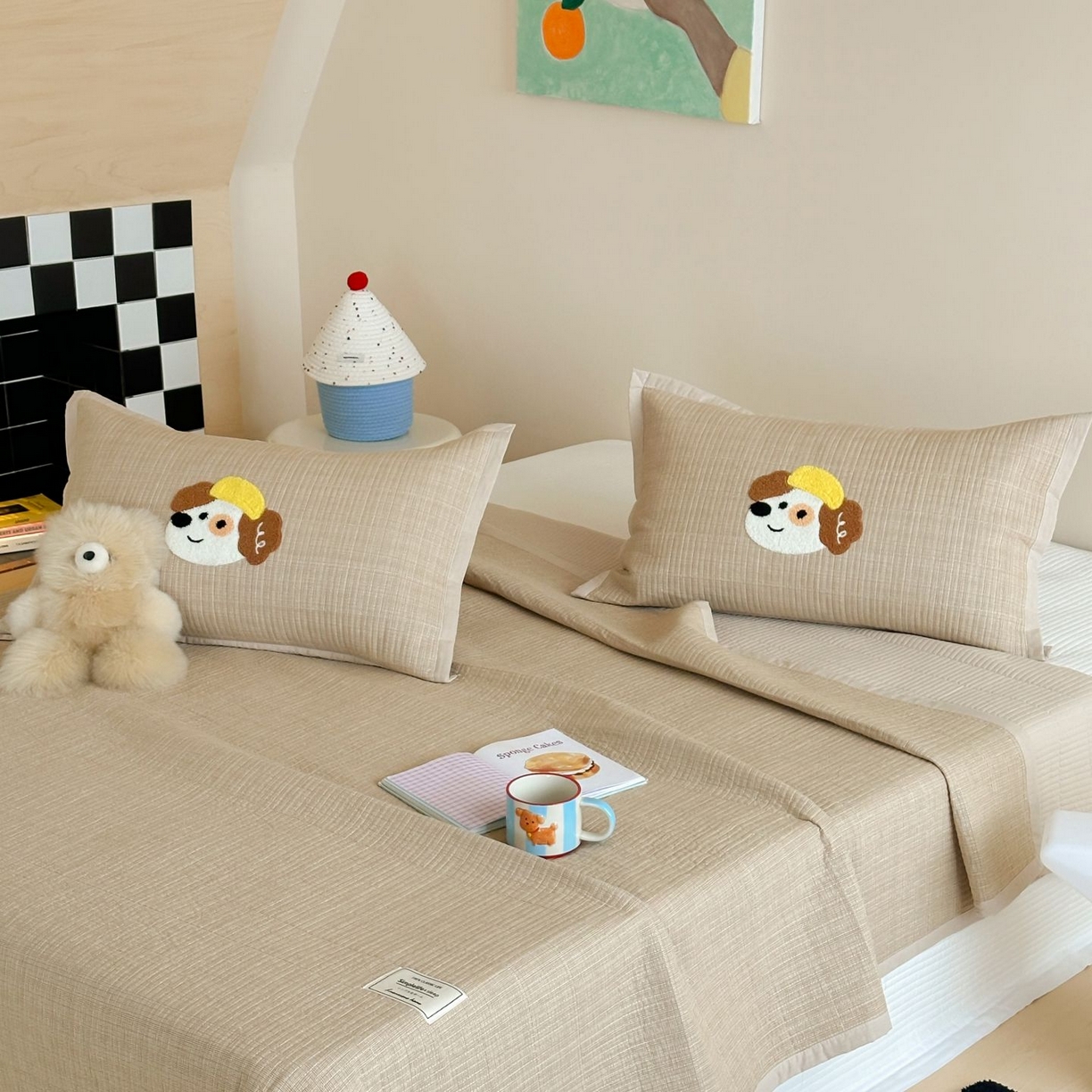 91家纺网 家纺一手货源 找家纺 觅糖家纺 2025新款色织水洗棉毛巾绣床盖四件套 咖色狗狗