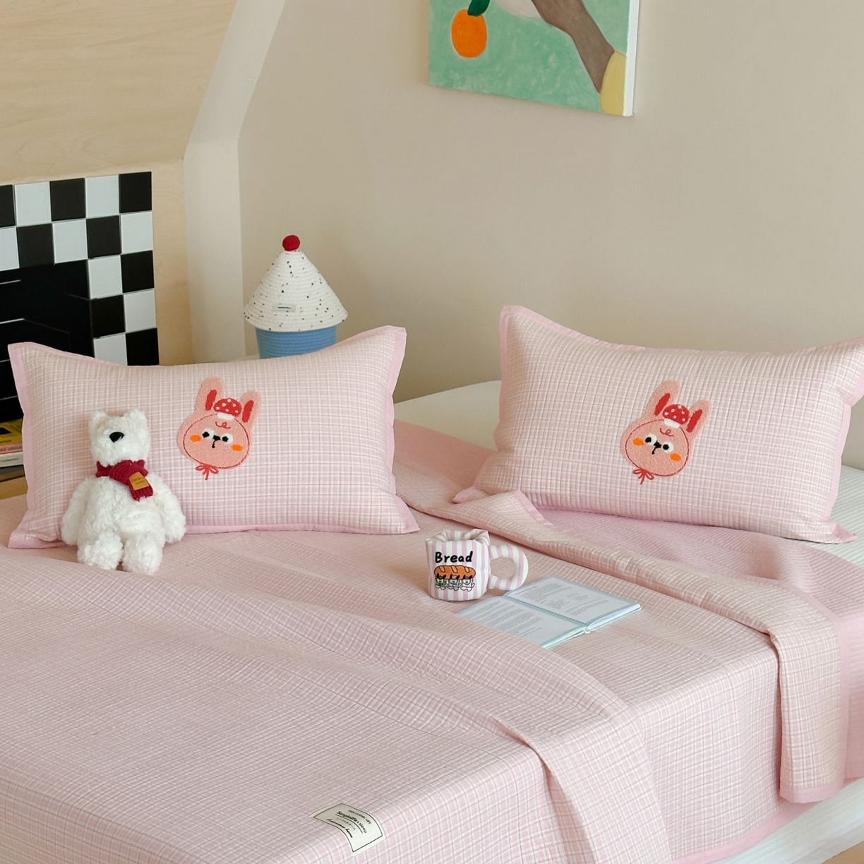 91家纺网 家纺一手货源 找家纺 觅糖家纺 2025新款色织水洗棉毛巾绣床盖四件套 蘑菇兔