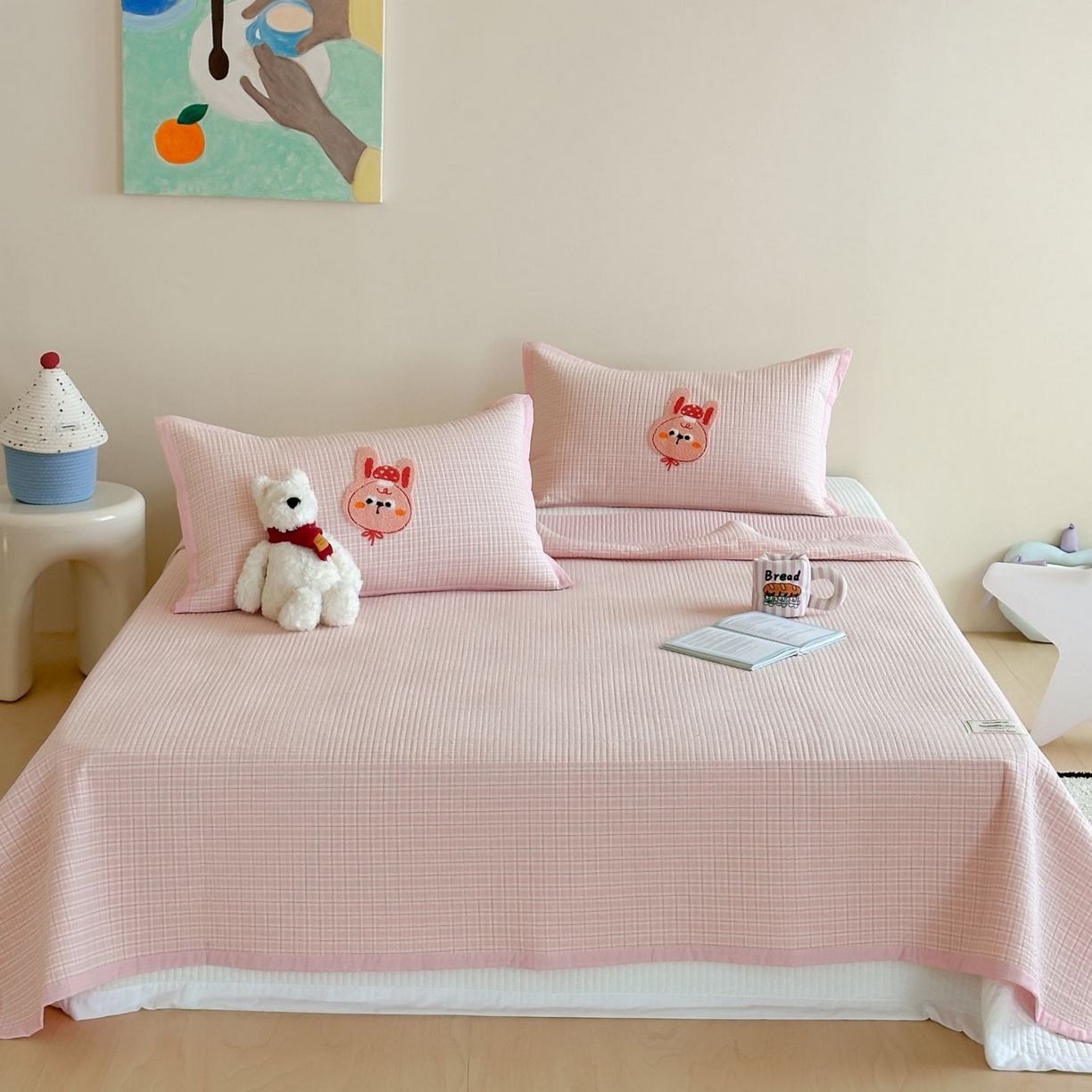 91家纺网 家纺一手货源 找家纺 觅糖家纺 2025新款色织水洗棉毛巾绣床盖四件套 蘑菇兔