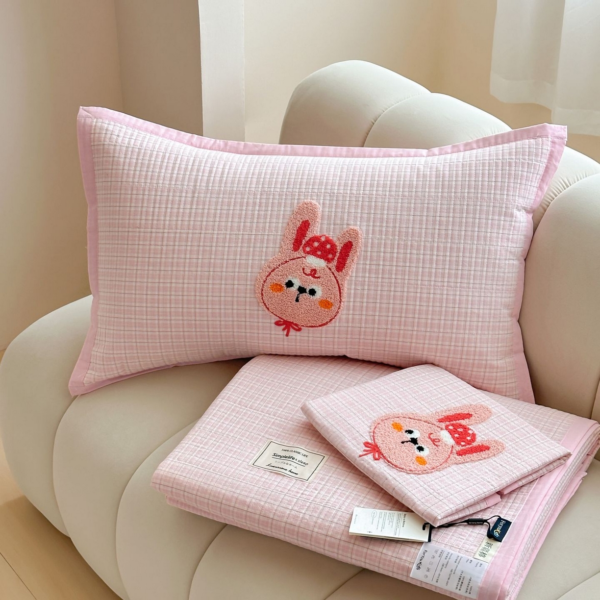 91家纺网 家纺一手货源 找家纺 觅糖家纺 2025新款色织水洗棉毛巾绣床盖四件套 蘑菇兔