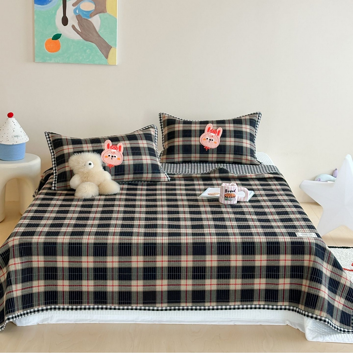 91家纺网 家纺一手货源 找家纺 觅糖家纺 2025新款色织水洗棉毛巾绣床盖四件套 幸运小兔