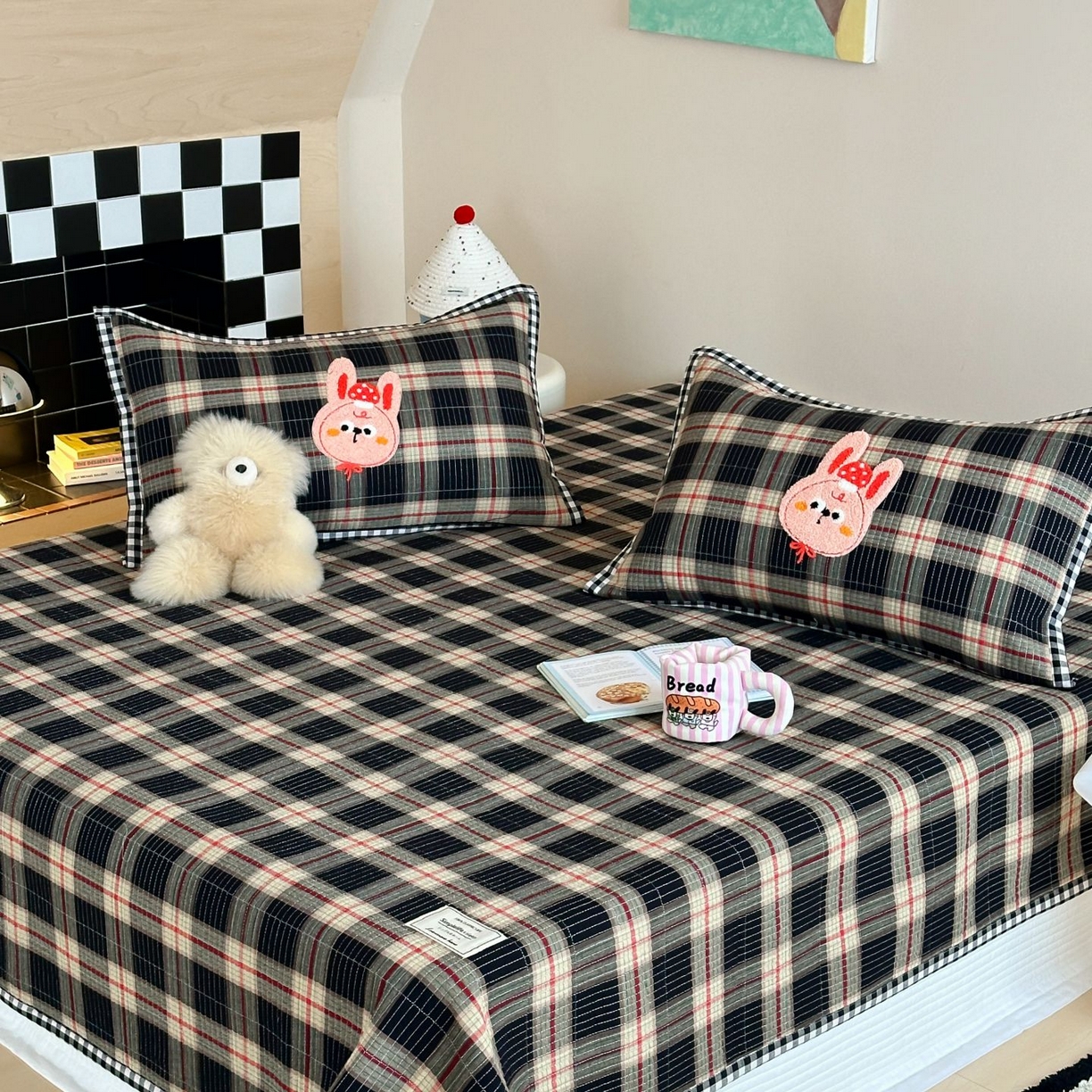 觅糖家纺 2025新款色织水洗棉毛巾绣床盖四件套 幸运小兔