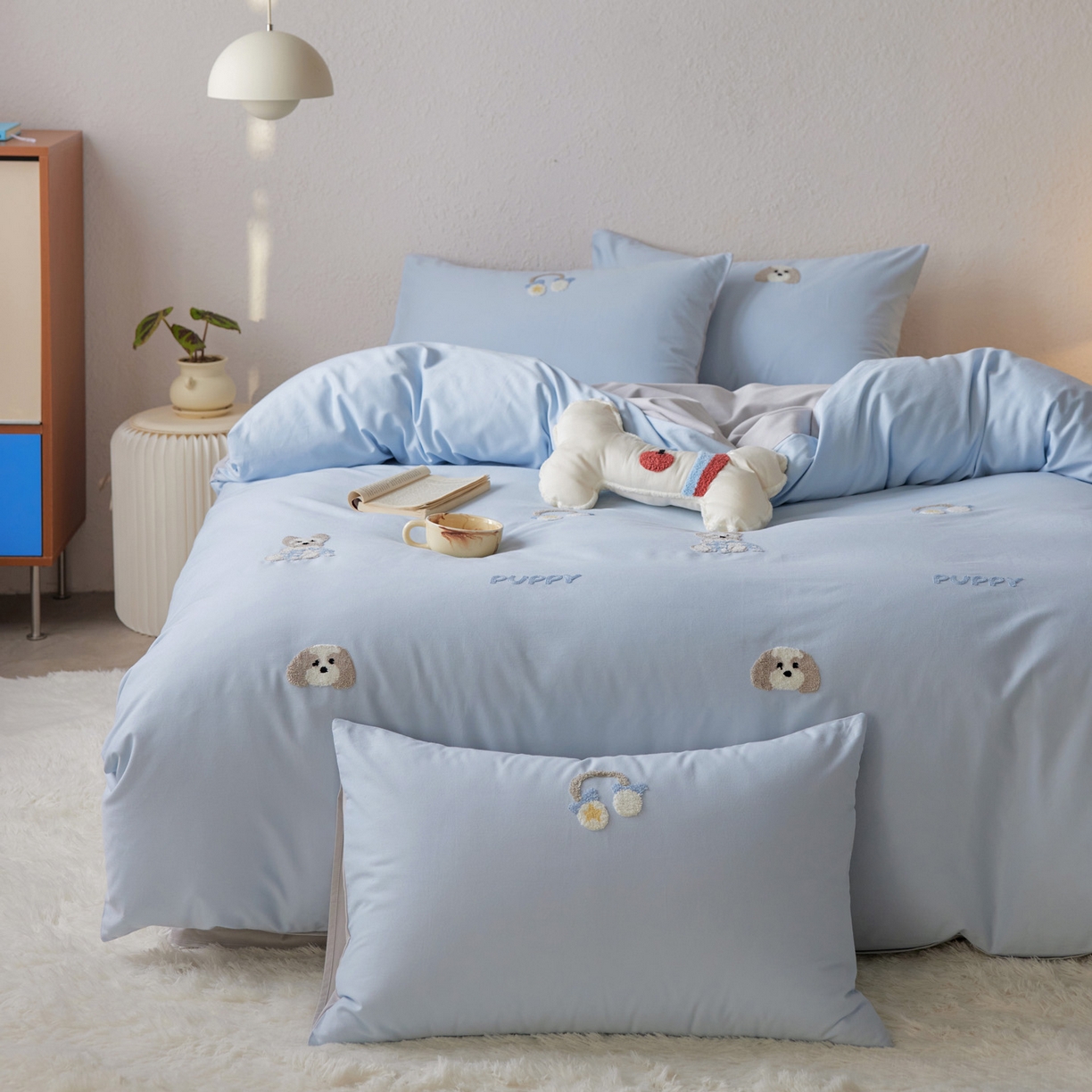 91家纺网 家纺一手货源 找家纺 （总）简纯主义 2025新款全棉磨毛毛巾绣绣花四件套-耳机小狗