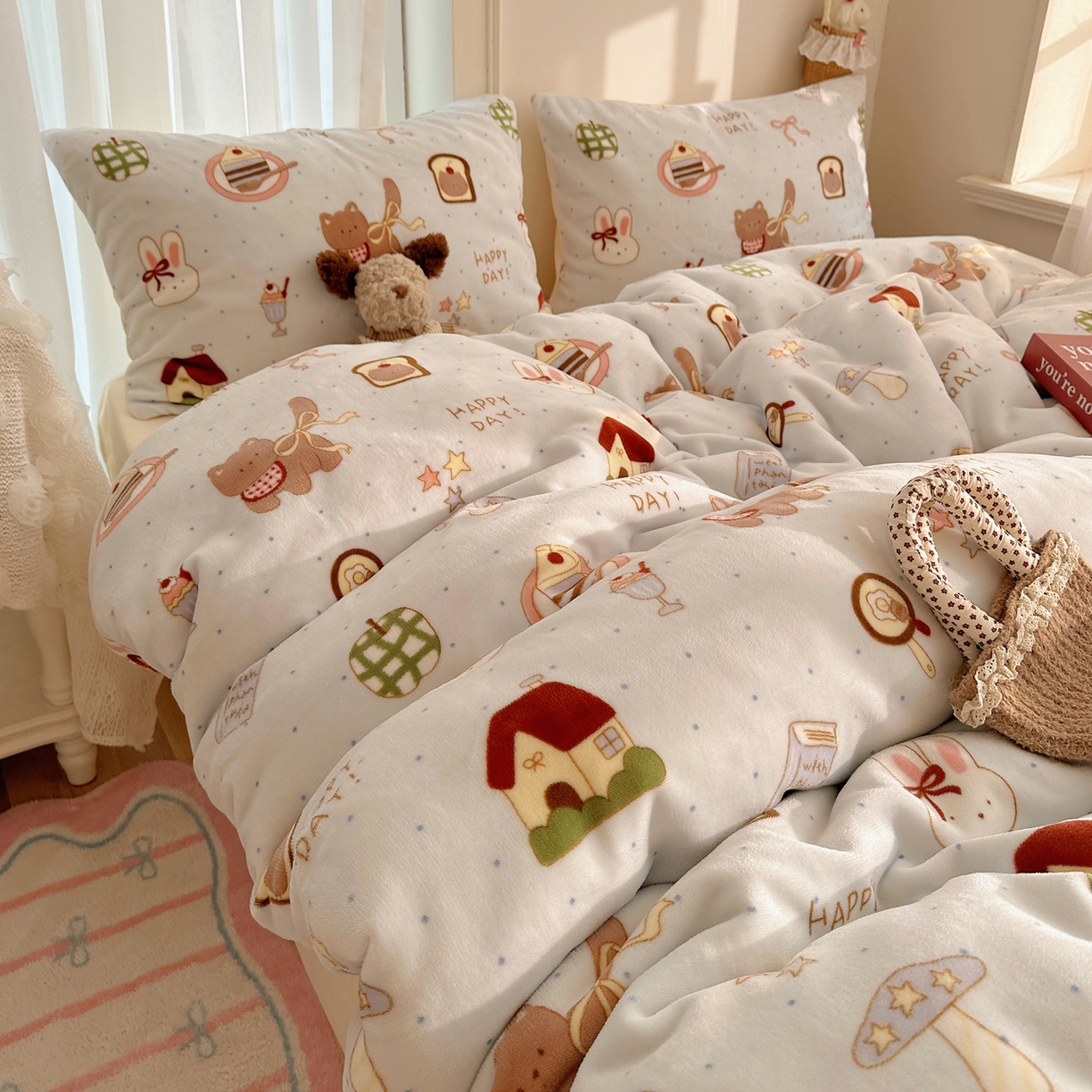 91家纺网 家纺一手货源 找家纺 耀达家居 爆款2025新款ins小清新少女奶油卡通可爱加厚200克牛奶绒四件套 猫猫烘焙屋