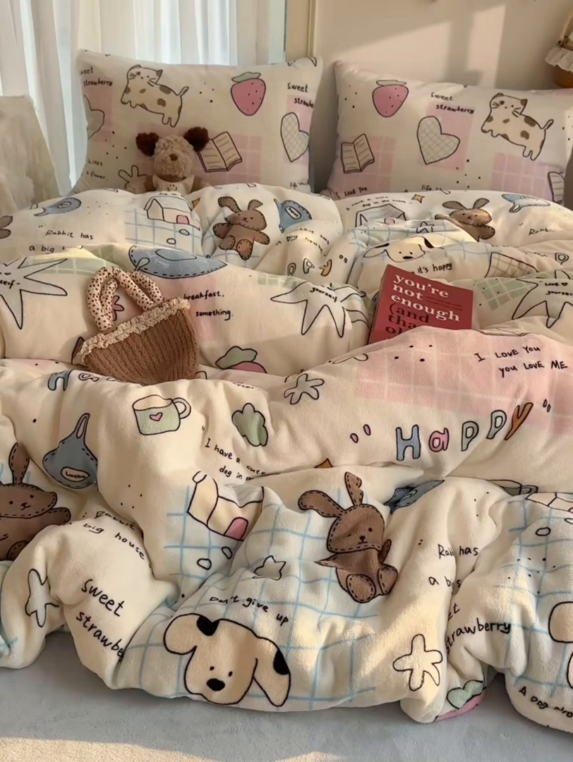 91家纺网 家纺一手货源 找家纺 耀达家居 爆款2025新款ins小清新少女奶油卡通可爱加厚200克牛奶绒四件套 猫猫烘焙屋