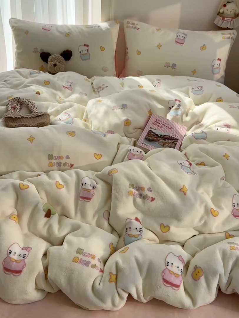91家纺网 家纺一手货源 找家纺 耀达家居 爆款2025新款ins小清新少女奶油卡通可爱加厚200克牛奶绒四件套 萌物手帐