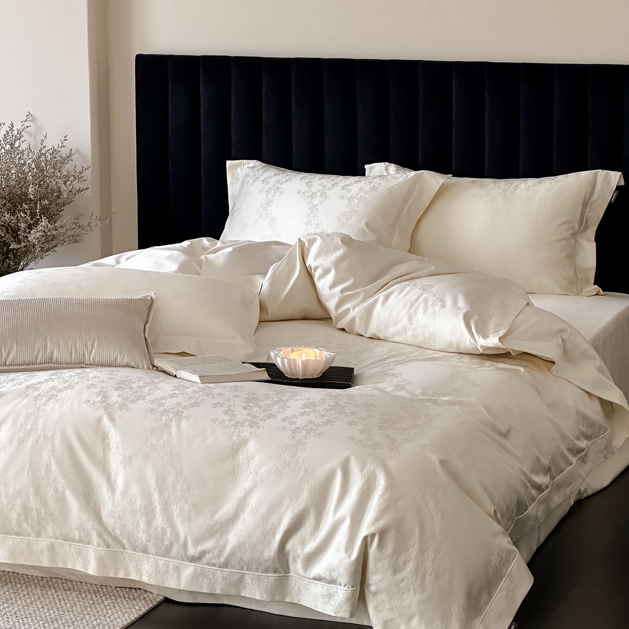 91家纺网 家纺一手货源 找家纺 MIU缪家居 2025新款100支全棉厚织提花简奢系列四件套-贝蒂 贝蒂（米白）