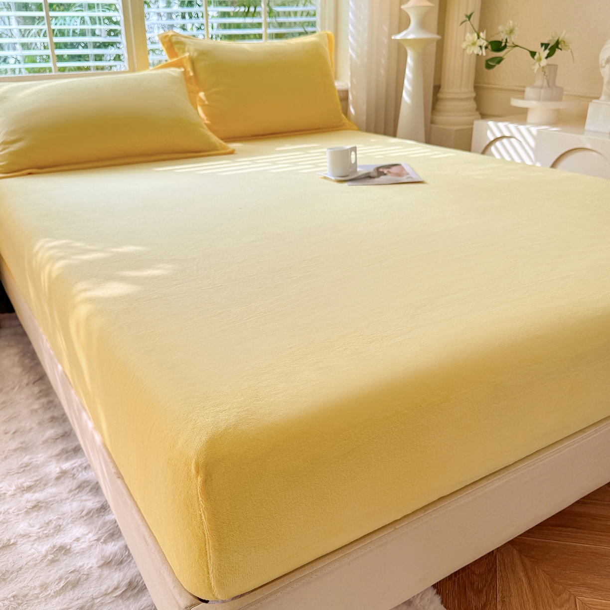 91家纺网 家纺一手货源 找家纺 逸尚阁 2025新款高克重牛奶绒纯色床笠系列 床笠-黄色