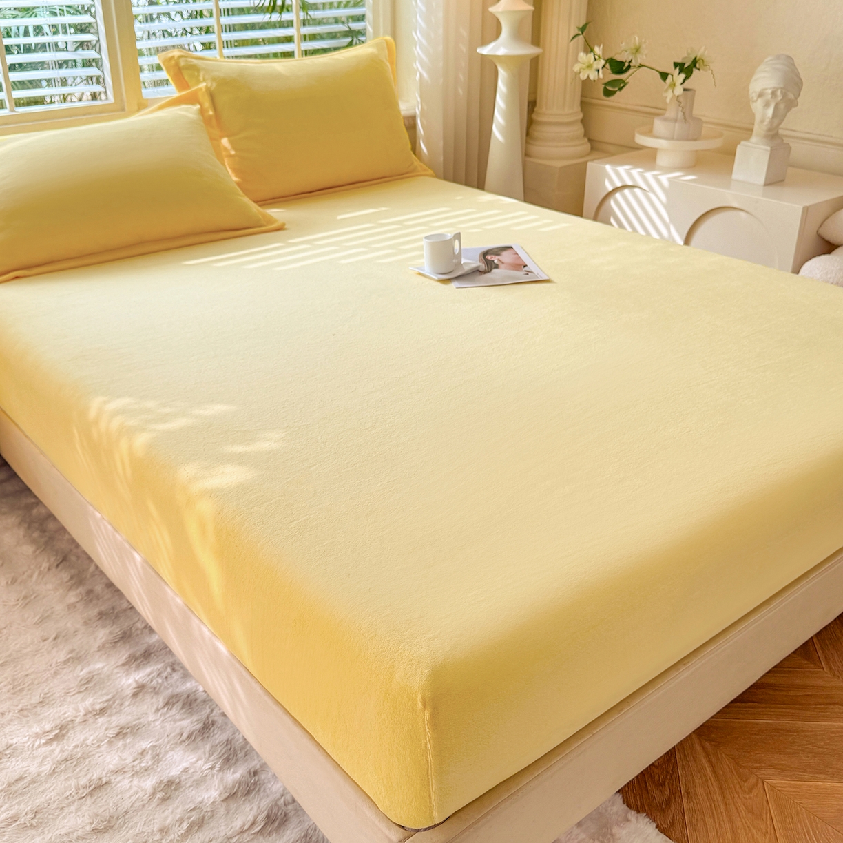 91家纺网 家纺一手货源 找家纺 逸尚阁 2025新款高克重牛奶绒纯色床笠系列 床笠-黄色