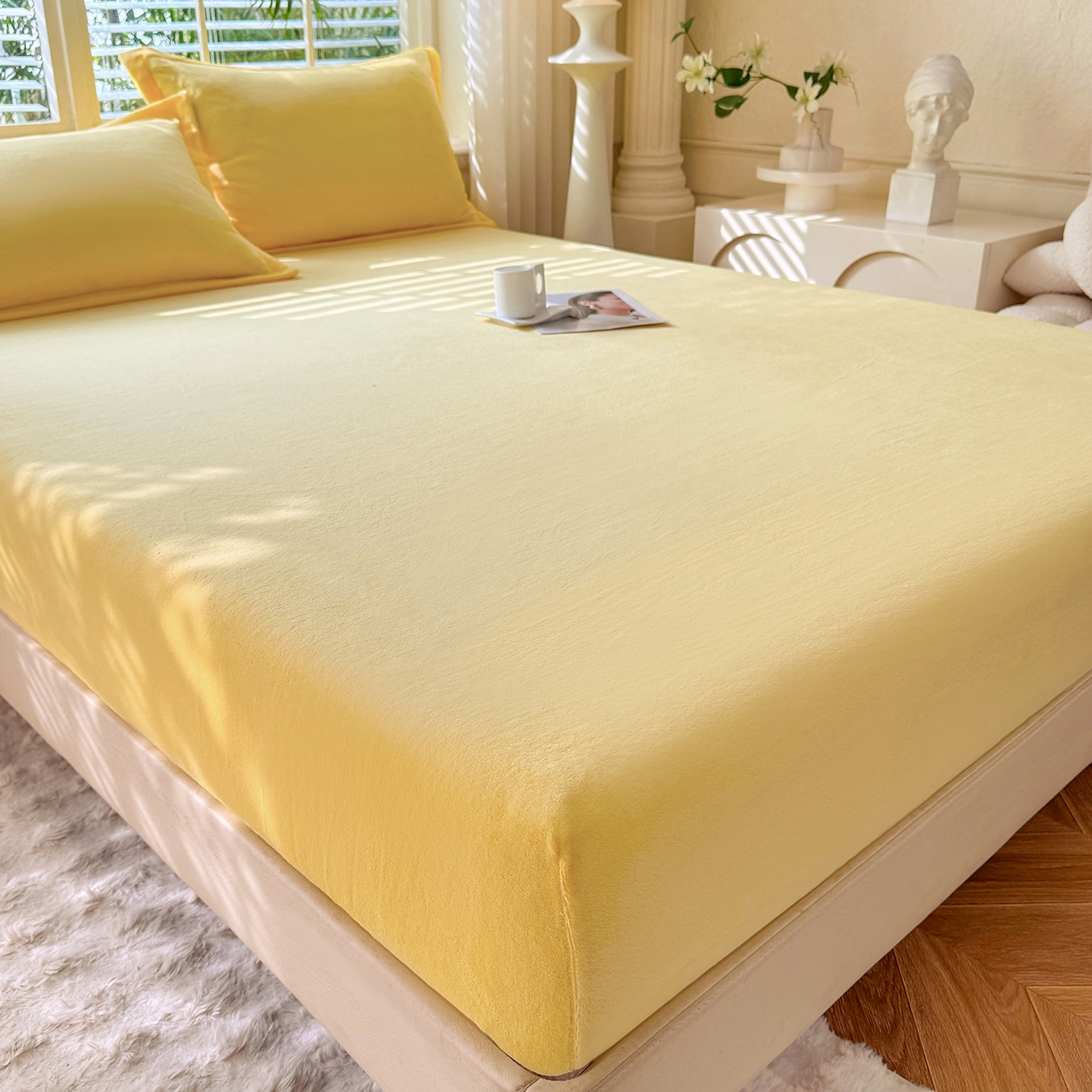 91家纺网 家纺一手货源 找家纺 逸尚阁 2025新款高克重牛奶绒纯色床笠系列 床笠-黄色