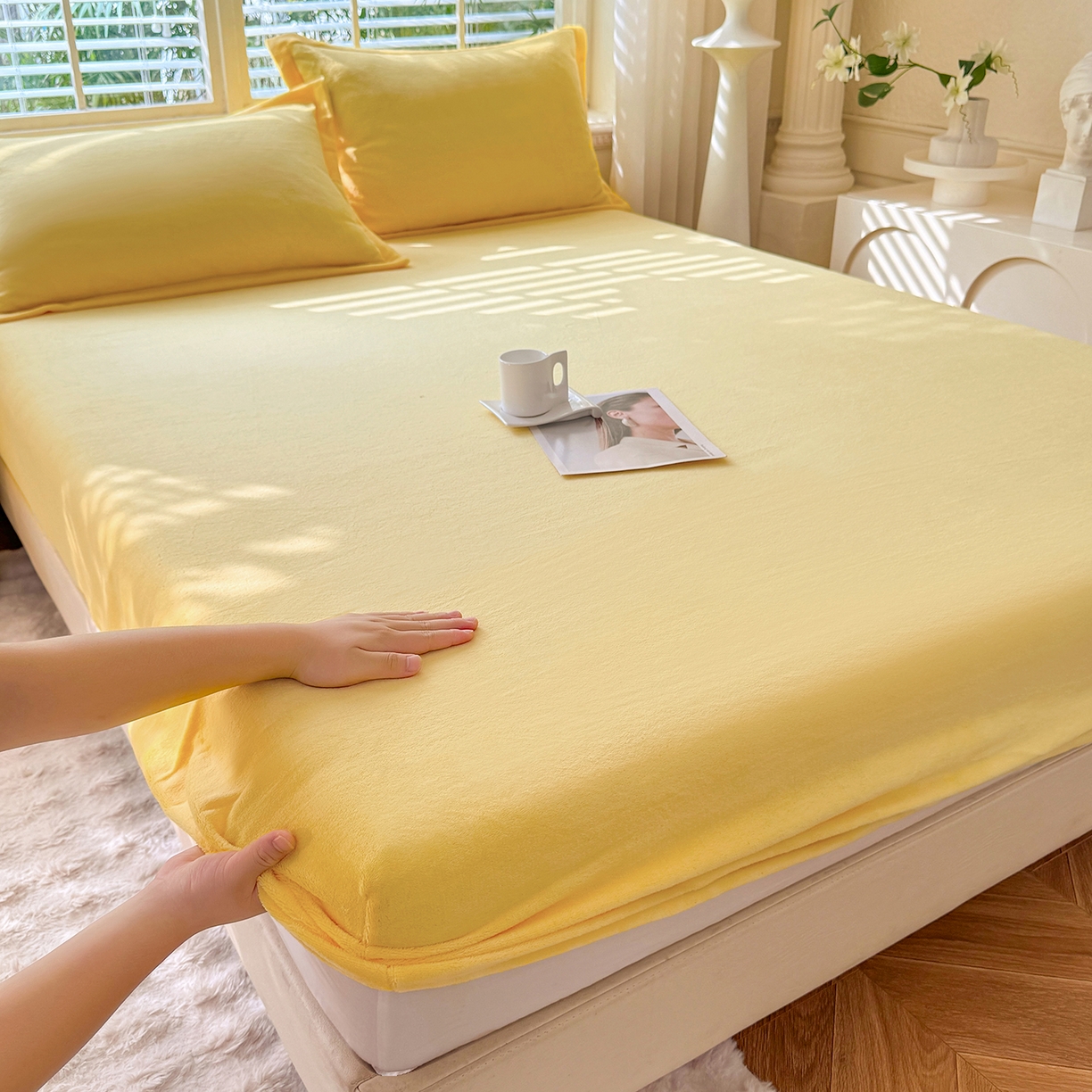 91家纺网 家纺一手货源 找家纺 逸尚阁 2025新款高克重牛奶绒纯色床笠系列 床笠-黄色