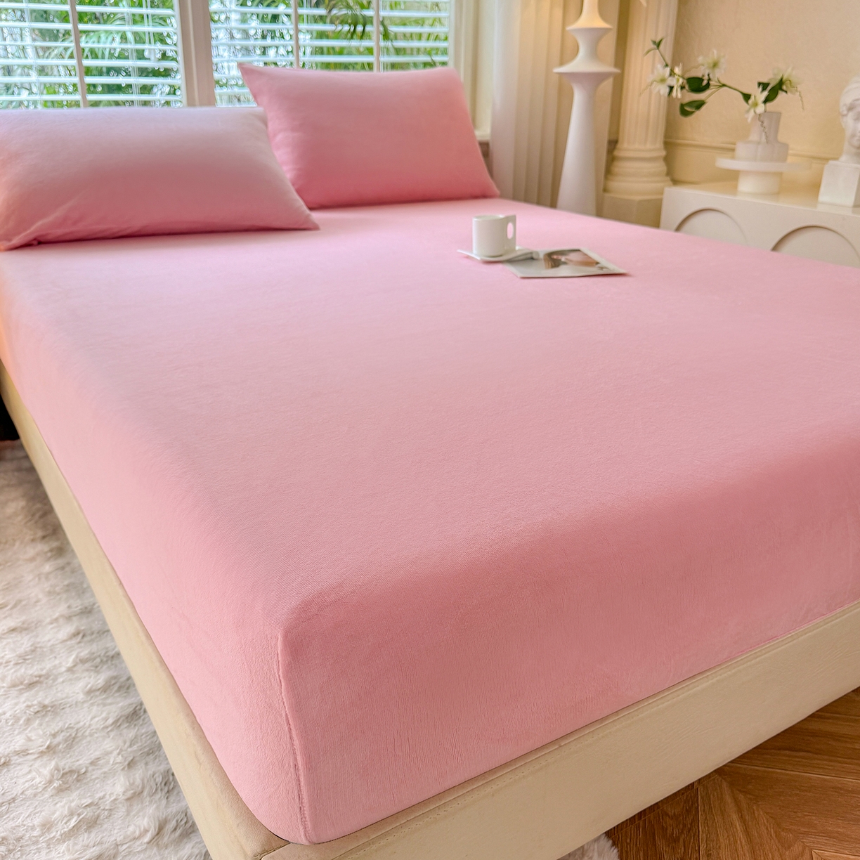 91家纺网 家纺一手货源 找家纺 逸尚阁 2025新款高克重牛奶绒纯色床笠系列 床笠-粉色