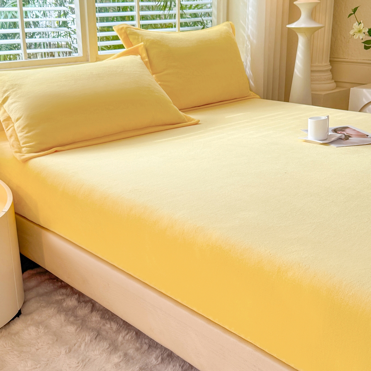 91家纺网 家纺一手货源 找家纺 逸尚阁 2025新款高克重牛奶绒纯色床笠系列 床笠-黄色