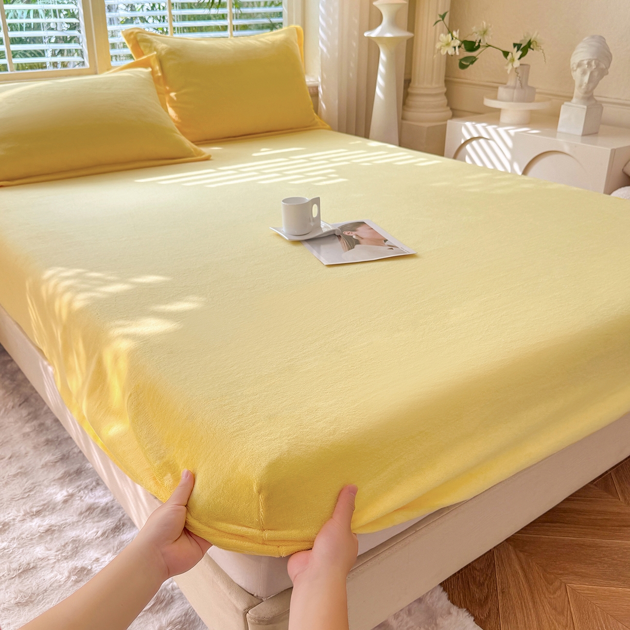 91家纺网 家纺一手货源 找家纺 逸尚阁 2025新款高克重牛奶绒纯色床笠系列 床笠-黄色