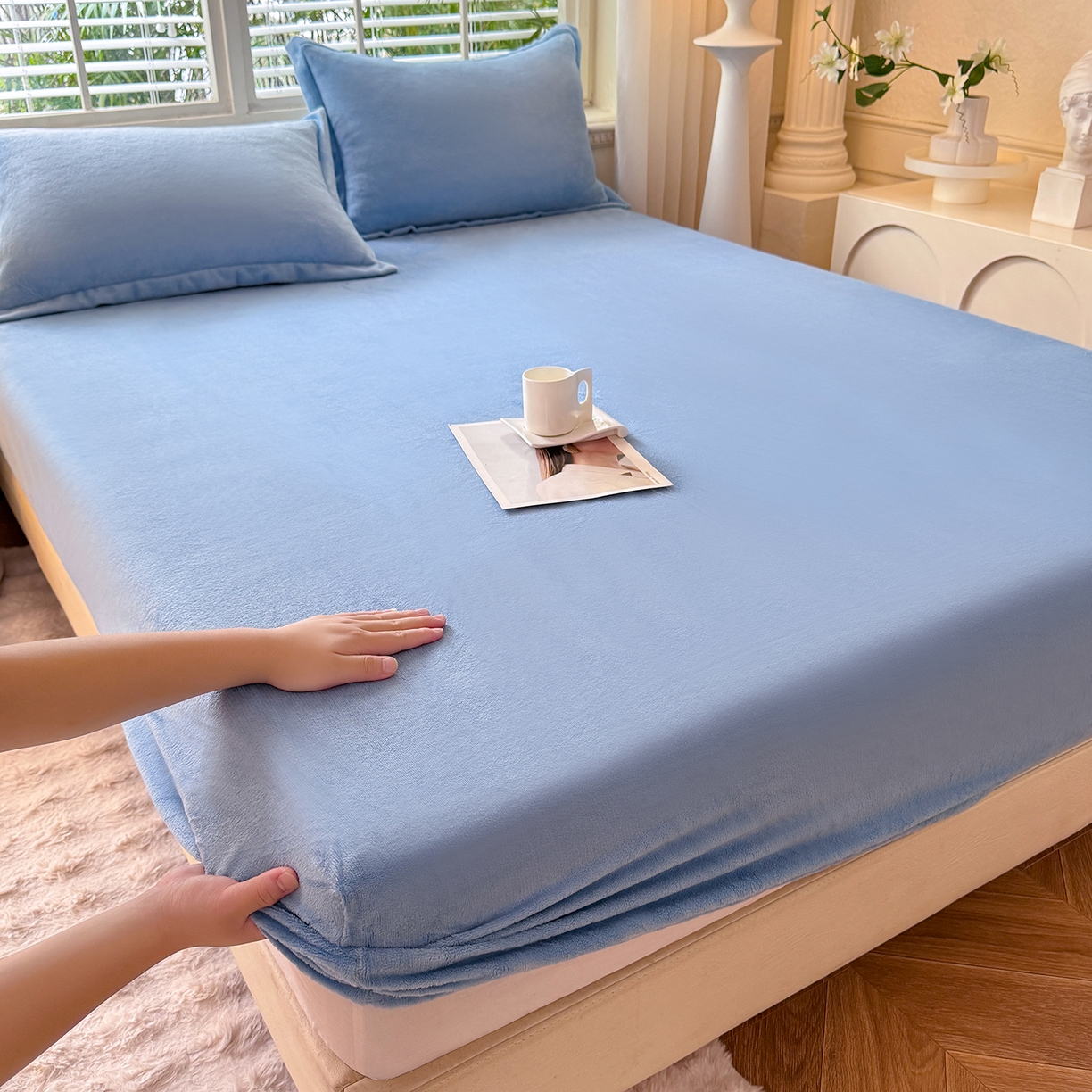 逸尚阁 2025新款高克重牛奶绒纯色床笠系列 床笠-蓝色