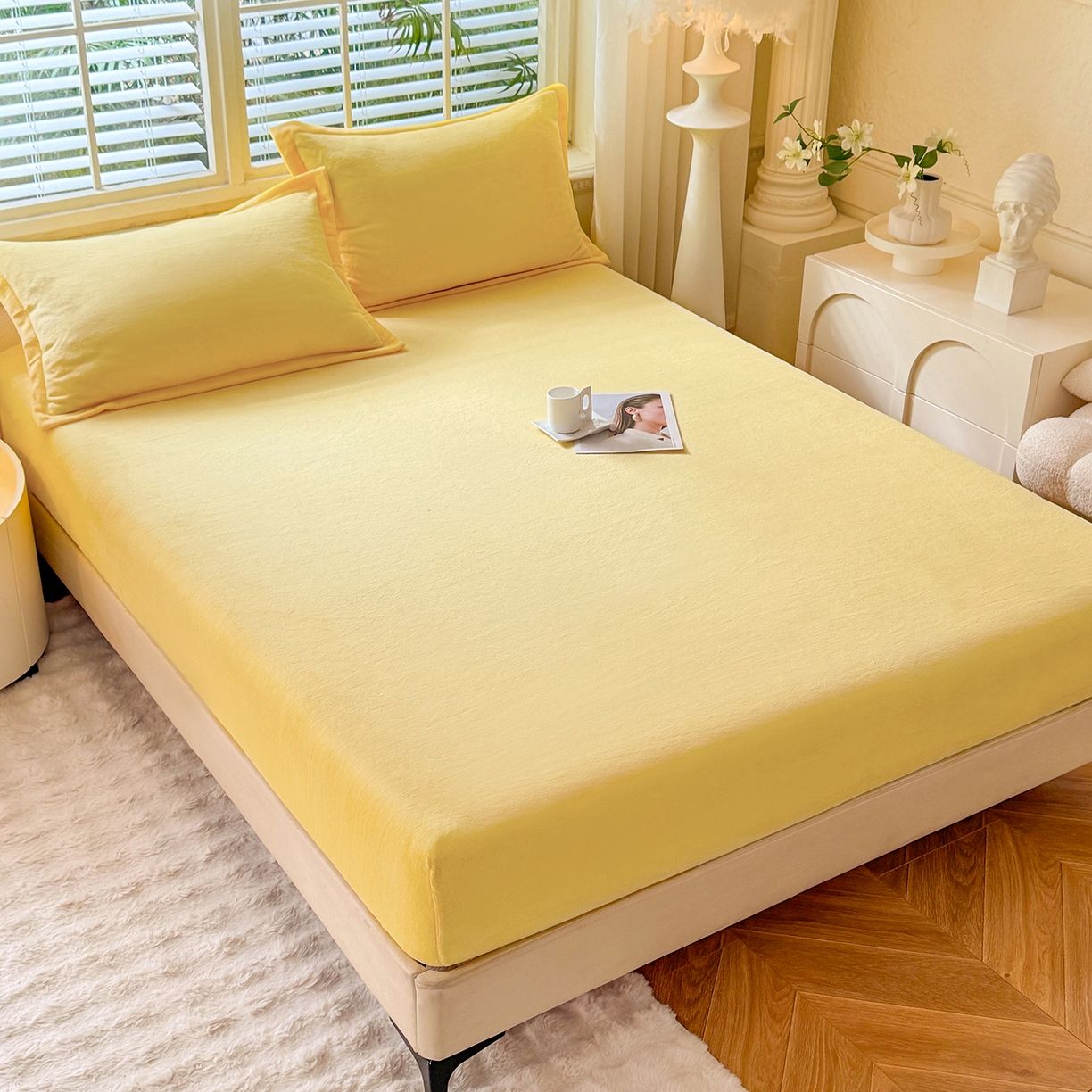 91家纺网 家纺一手货源 找家纺 逸尚阁 2025新款高克重牛奶绒纯色床笠系列 床笠-黄色