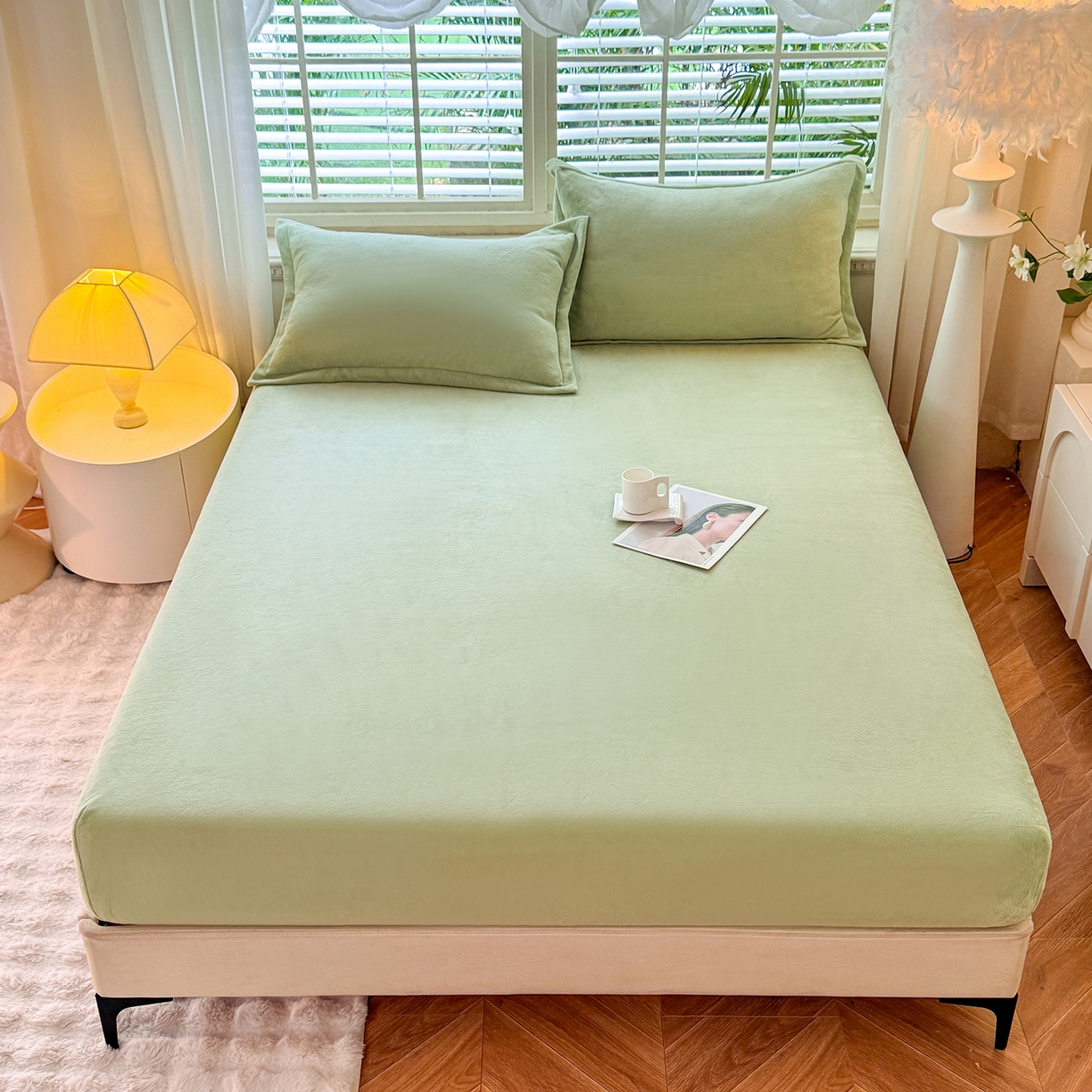 91家纺网 家纺一手货源 找家纺 逸尚阁 2025新款高克重牛奶绒纯色床笠系列 床笠-绿色