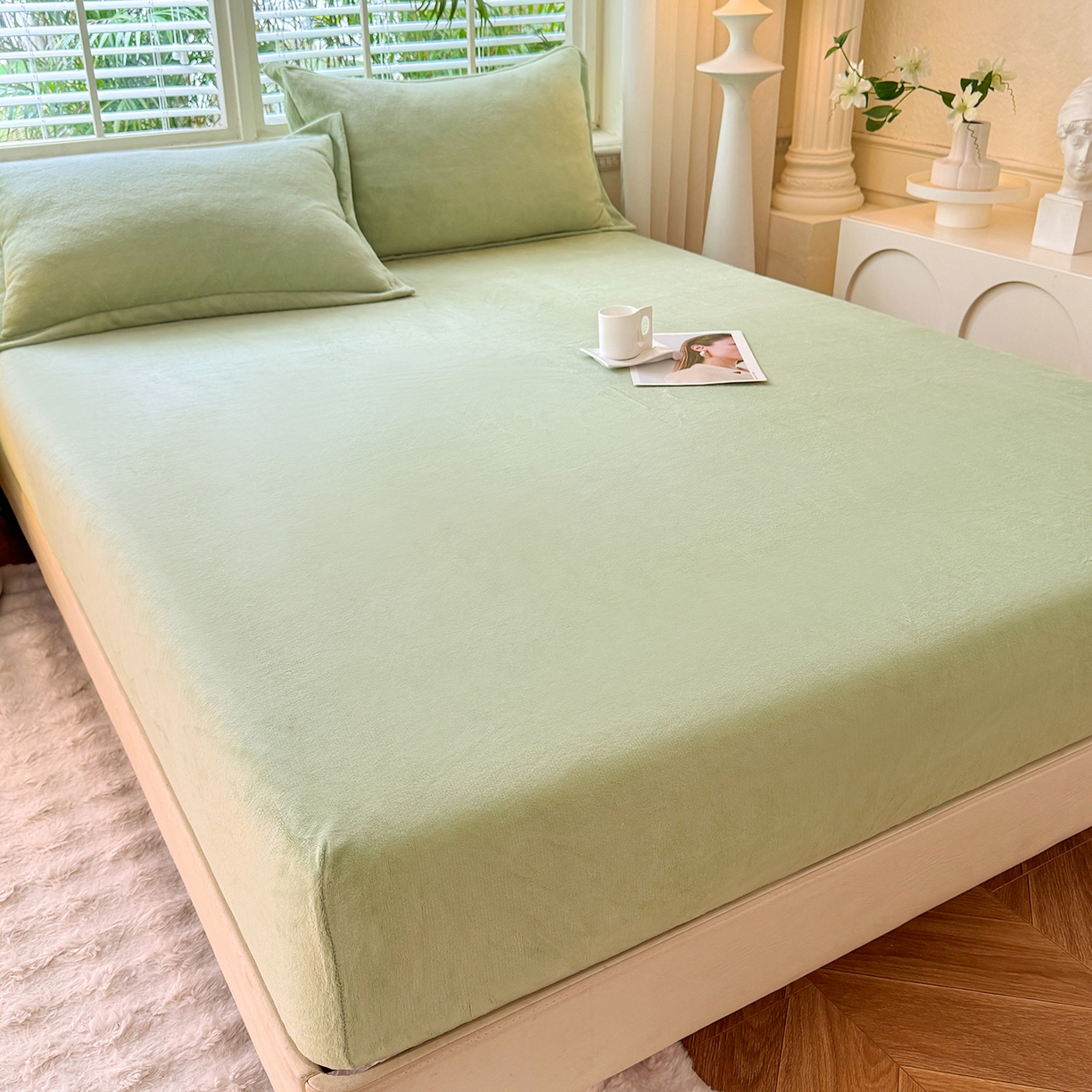 91家纺网 家纺一手货源 找家纺 逸尚阁 2025新款高克重牛奶绒纯色床笠系列 床笠-绿色