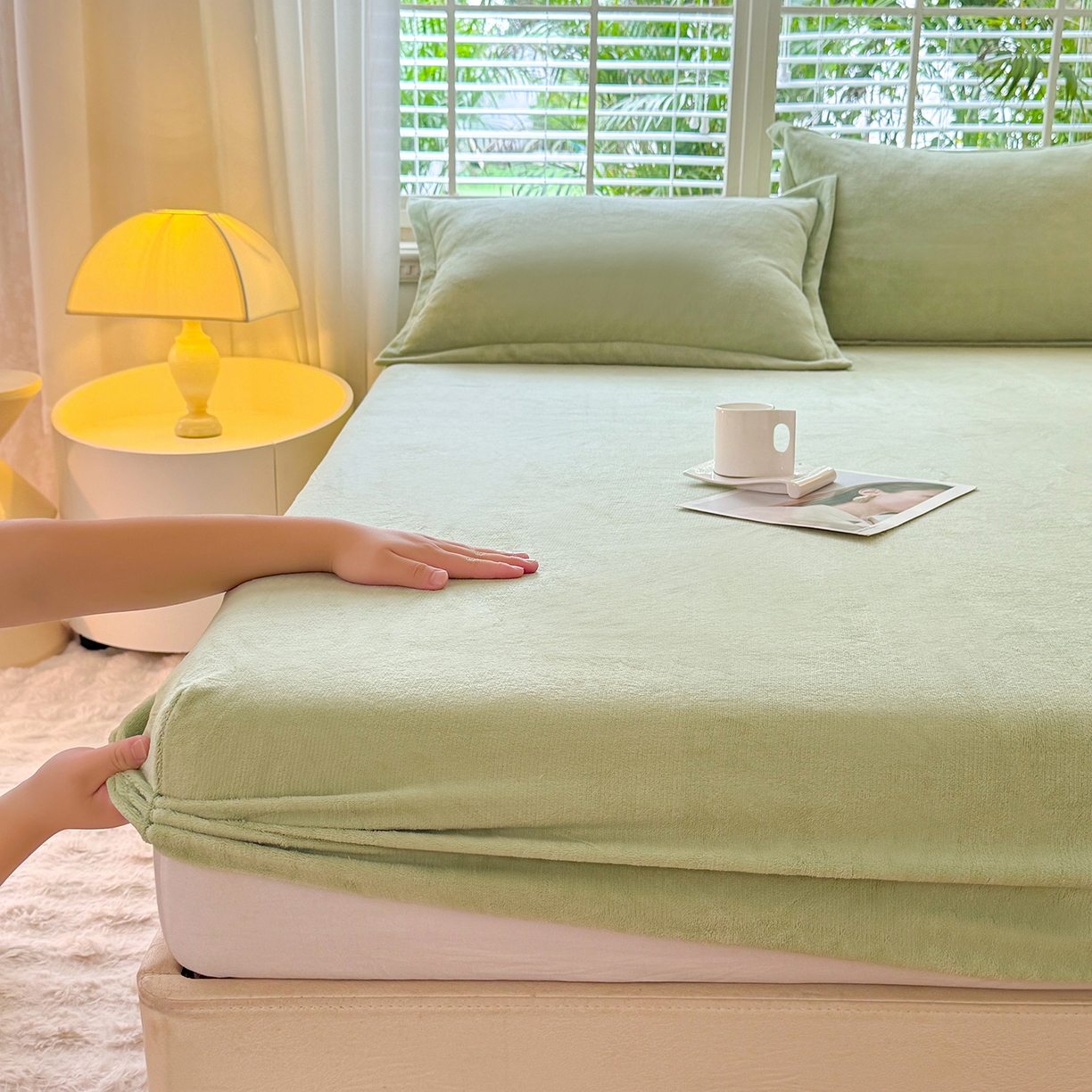 91家纺网 家纺一手货源 找家纺 逸尚阁 2025新款高克重牛奶绒纯色床笠系列 床笠-绿色