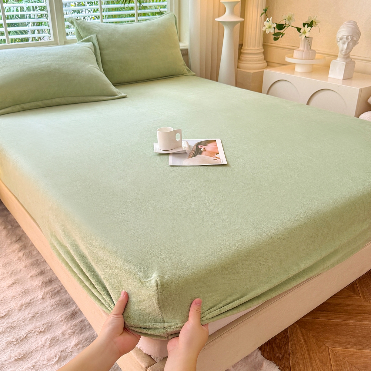 91家纺网 家纺一手货源 找家纺 逸尚阁 2025新款高克重牛奶绒纯色床笠系列 床笠-绿色