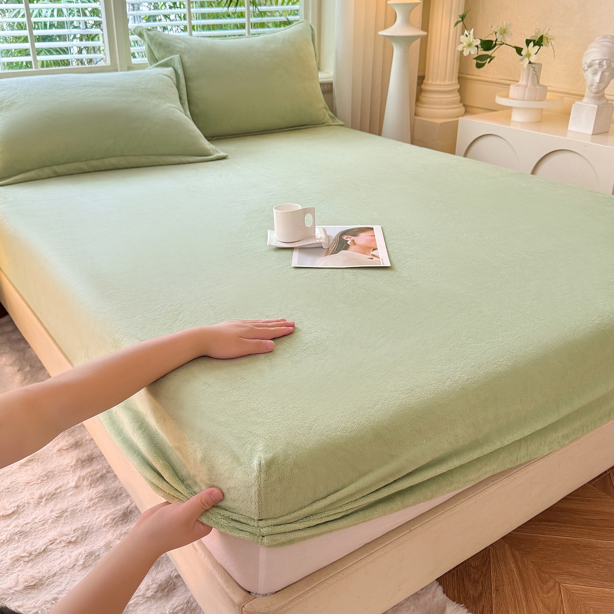 逸尚阁 2025新款高克重牛奶绒纯色床笠系列 床笠-绿色