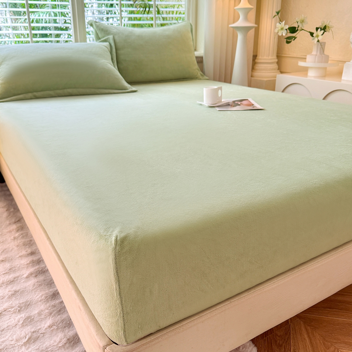 91家纺网 家纺一手货源 找家纺 逸尚阁 2025新款高克重牛奶绒纯色床笠系列 床笠-绿色