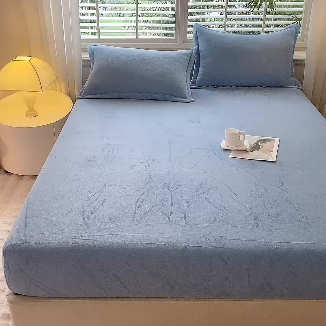 91家纺网 家纺一手货源 找家纺 逸尚阁 2025新款高克重牛奶绒纯色床笠系列 床笠-蓝色