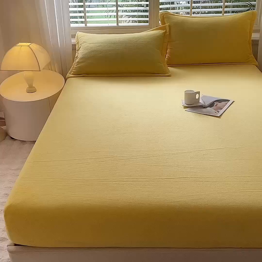 91家纺网 家纺一手货源 找家纺 逸尚阁 2025新款高克重牛奶绒纯色床笠系列 床笠-黄色