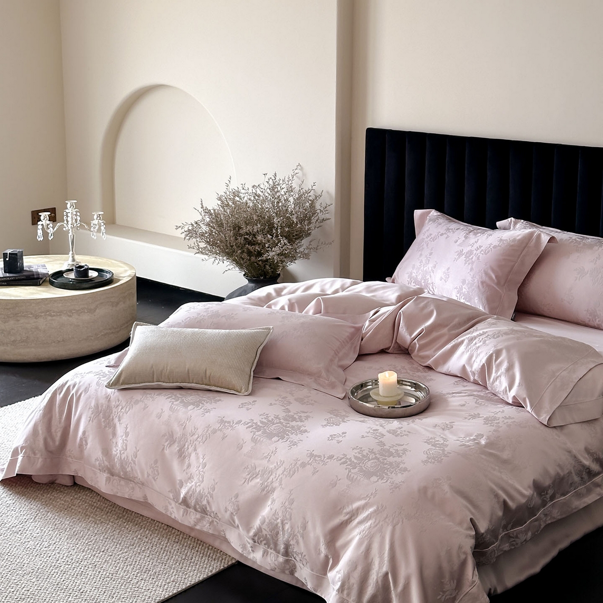 91家纺网 家纺一手货源 找家纺 MIU缪家居 2025新款100支全棉厚织提花简奢系列四件套-暮歌 暮歌 （紫粉）