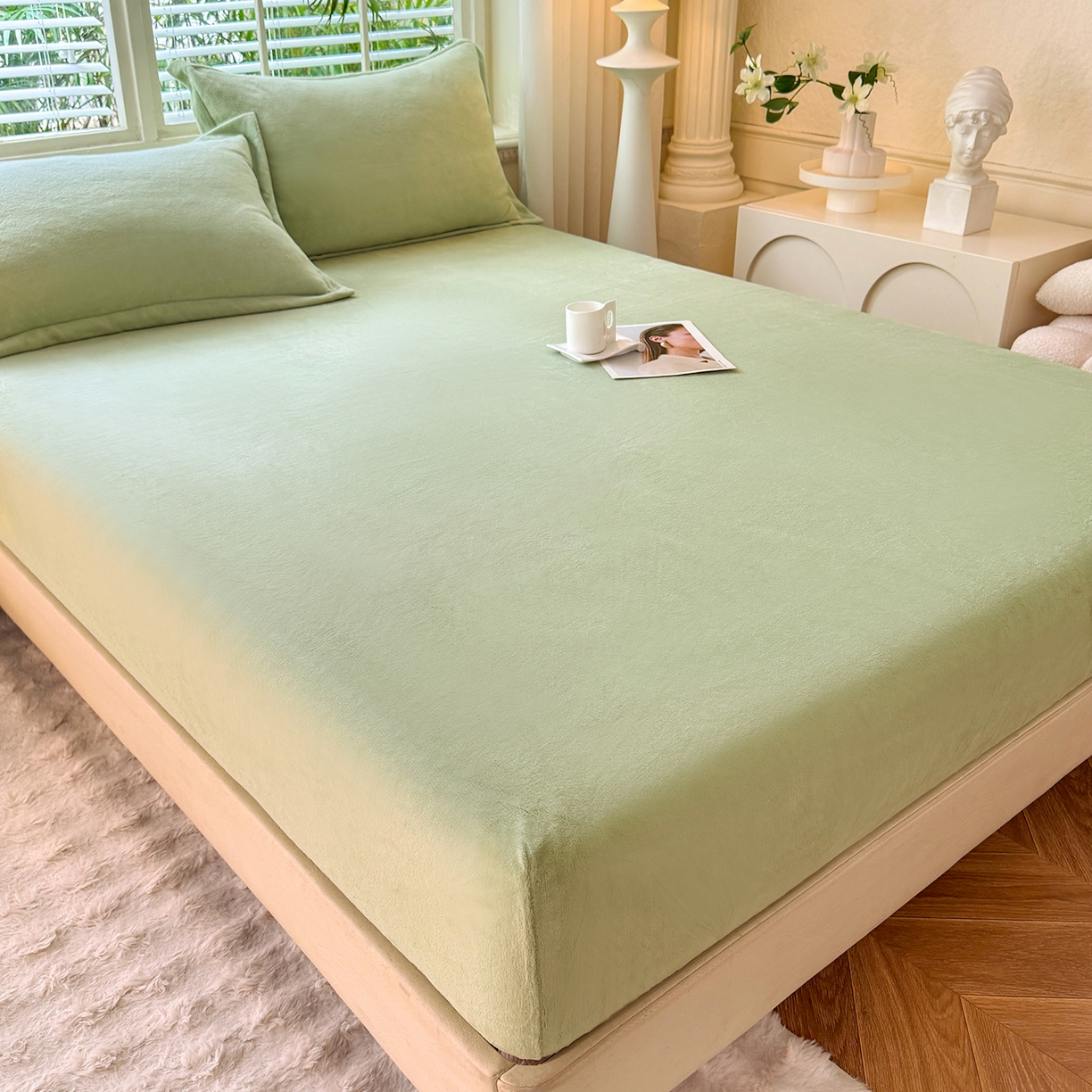 91家纺网 家纺一手货源 找家纺 逸尚阁 2025新款高克重牛奶绒纯色床笠系列 床笠-绿色