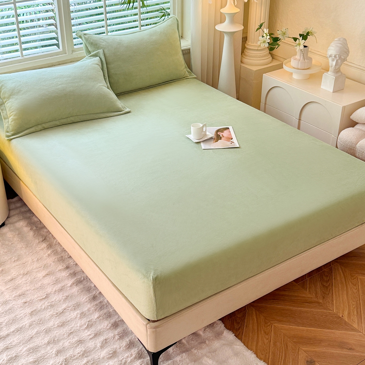 91家纺网 家纺一手货源 找家纺 逸尚阁 2025新款高克重牛奶绒纯色床笠系列 床笠-绿色