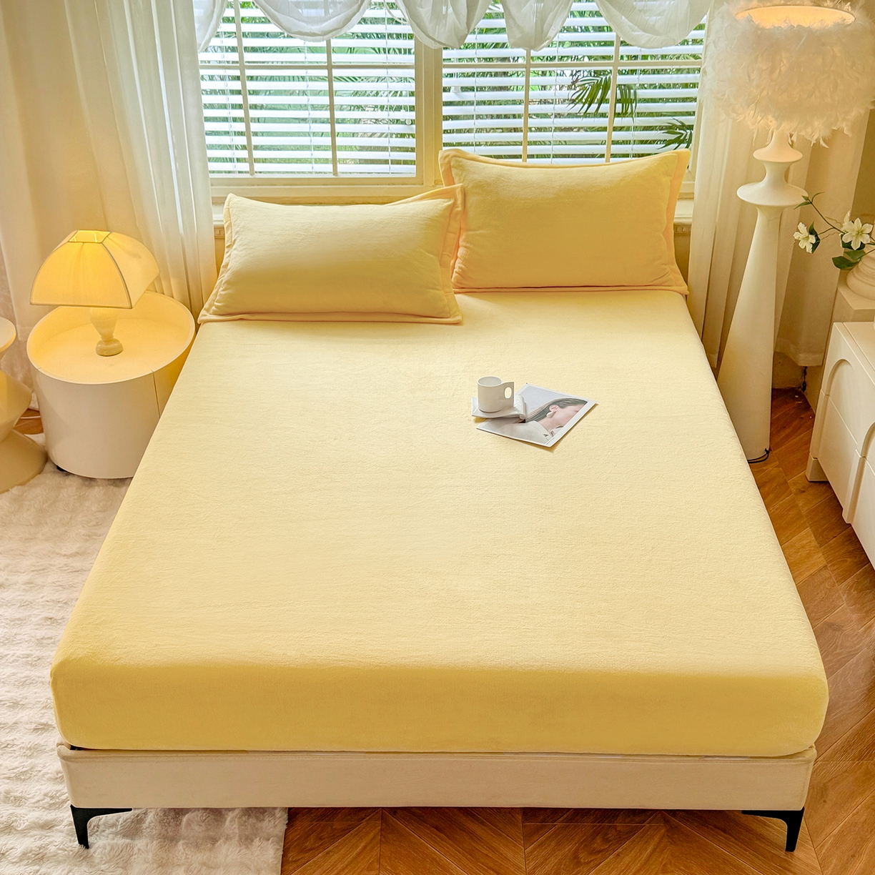 91家纺网 家纺一手货源 找家纺 逸尚阁 2025新款高克重牛奶绒纯色床笠系列 床笠-黄色