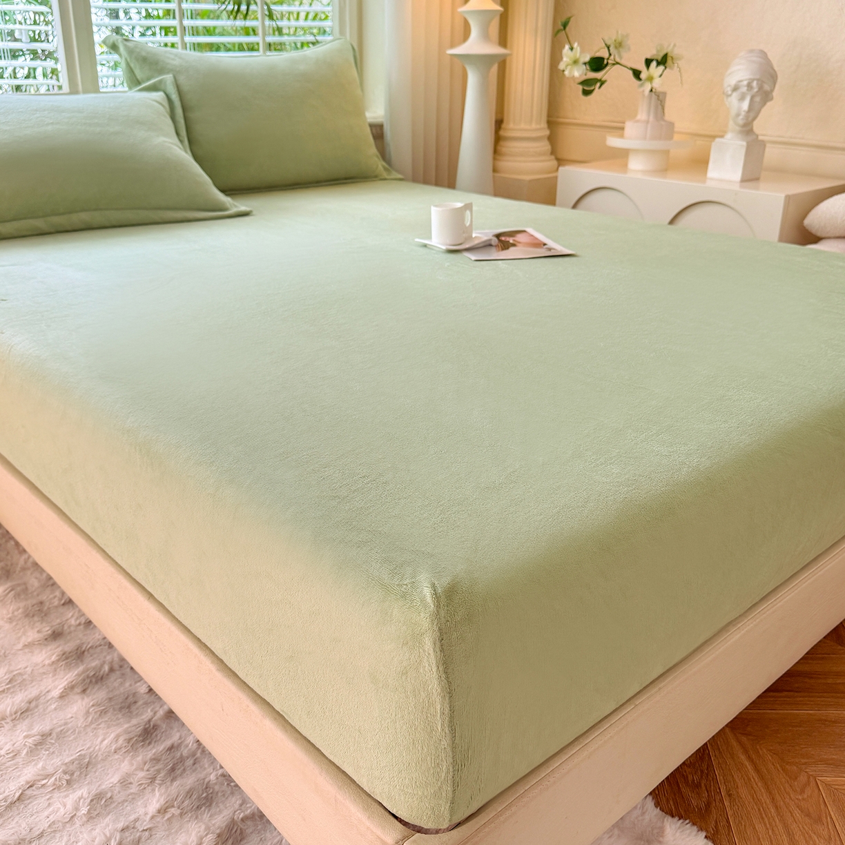 91家纺网 家纺一手货源 找家纺 逸尚阁 2025新款高克重牛奶绒纯色床笠系列 床笠-绿色