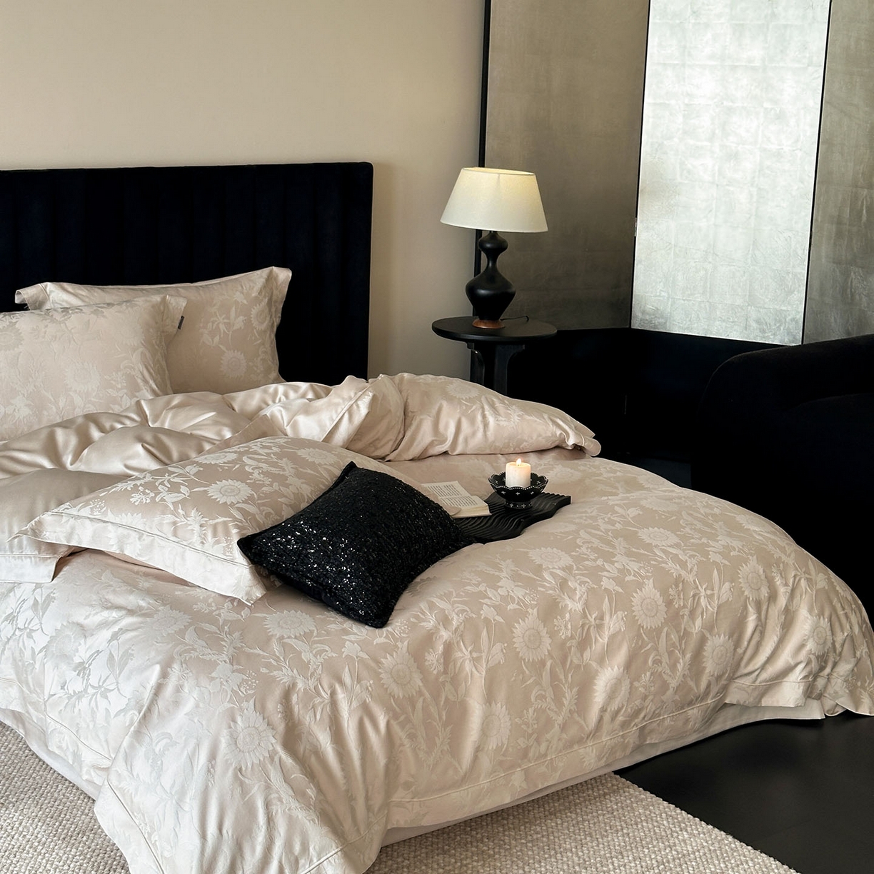 91家纺网 家纺一手货源 找家纺 MIU缪家居 2025新款100支全棉厚织提花简奢系列四件套-向日葵 向日葵（香槟）