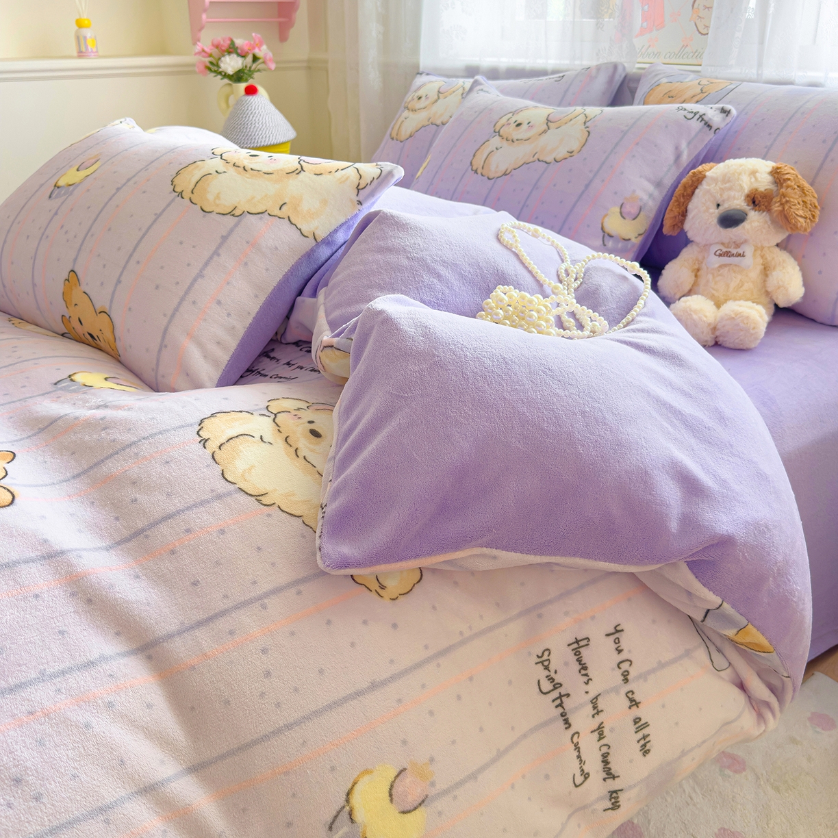 91家纺网 家纺一手货源 找家纺 灿哈家纺 2025新款200g加厚款小清新牛奶绒印花四件套 精灵狗