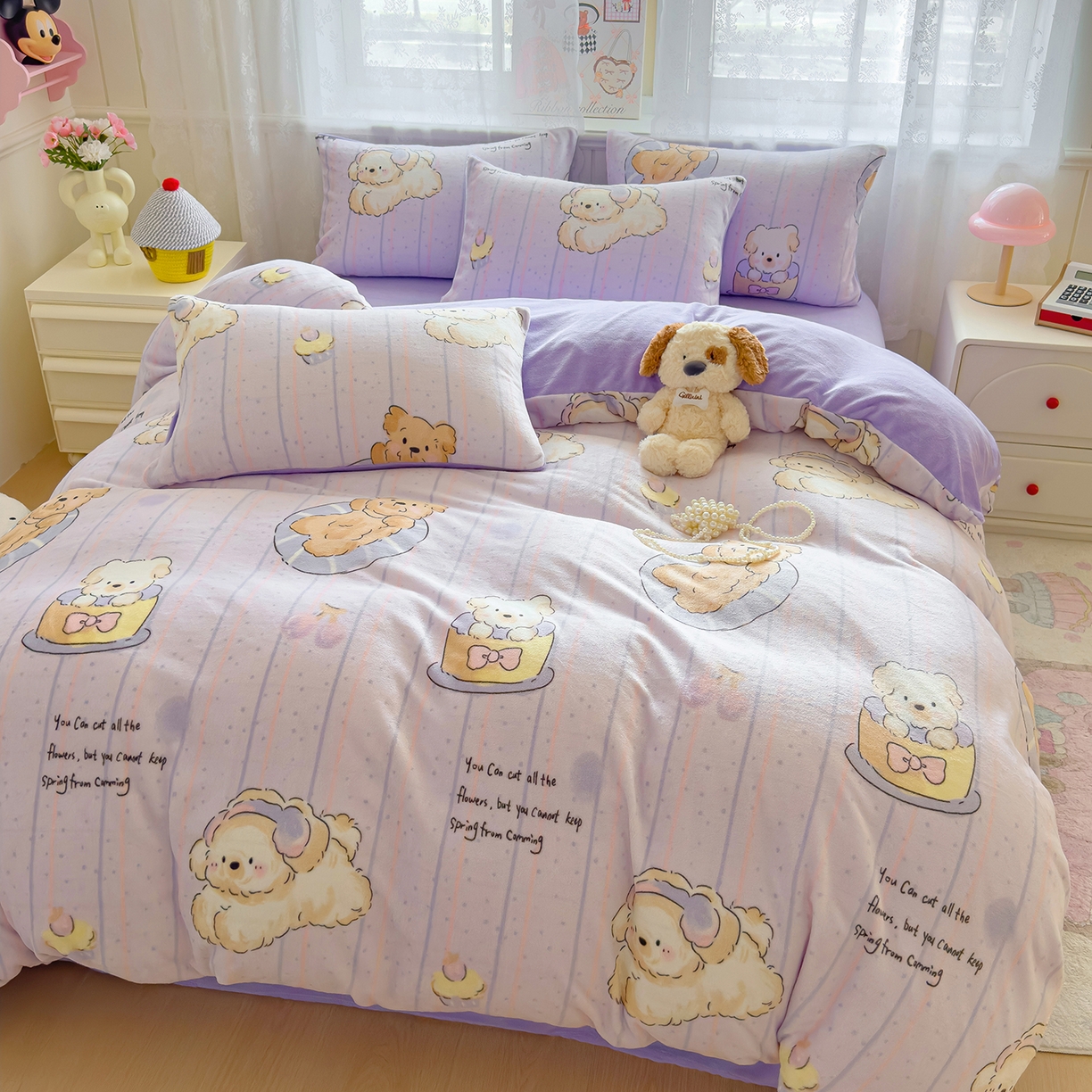 91家纺网 家纺一手货源 找家纺 灿哈家纺 2025新款200g加厚款小清新牛奶绒印花四件套 精灵狗