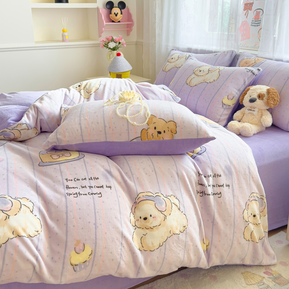 91家纺网 家纺一手货源 找家纺 灿哈家纺 2025新款200g加厚款小清新牛奶绒印花四件套 精灵狗