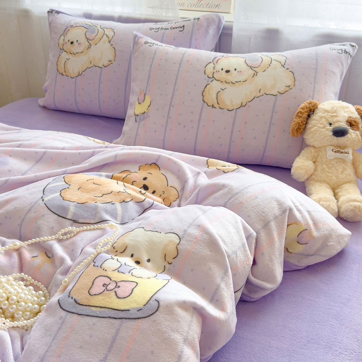 91家纺网 家纺一手货源 找家纺 灿哈家纺 2025新款200g加厚款小清新牛奶绒印花四件套 精灵狗