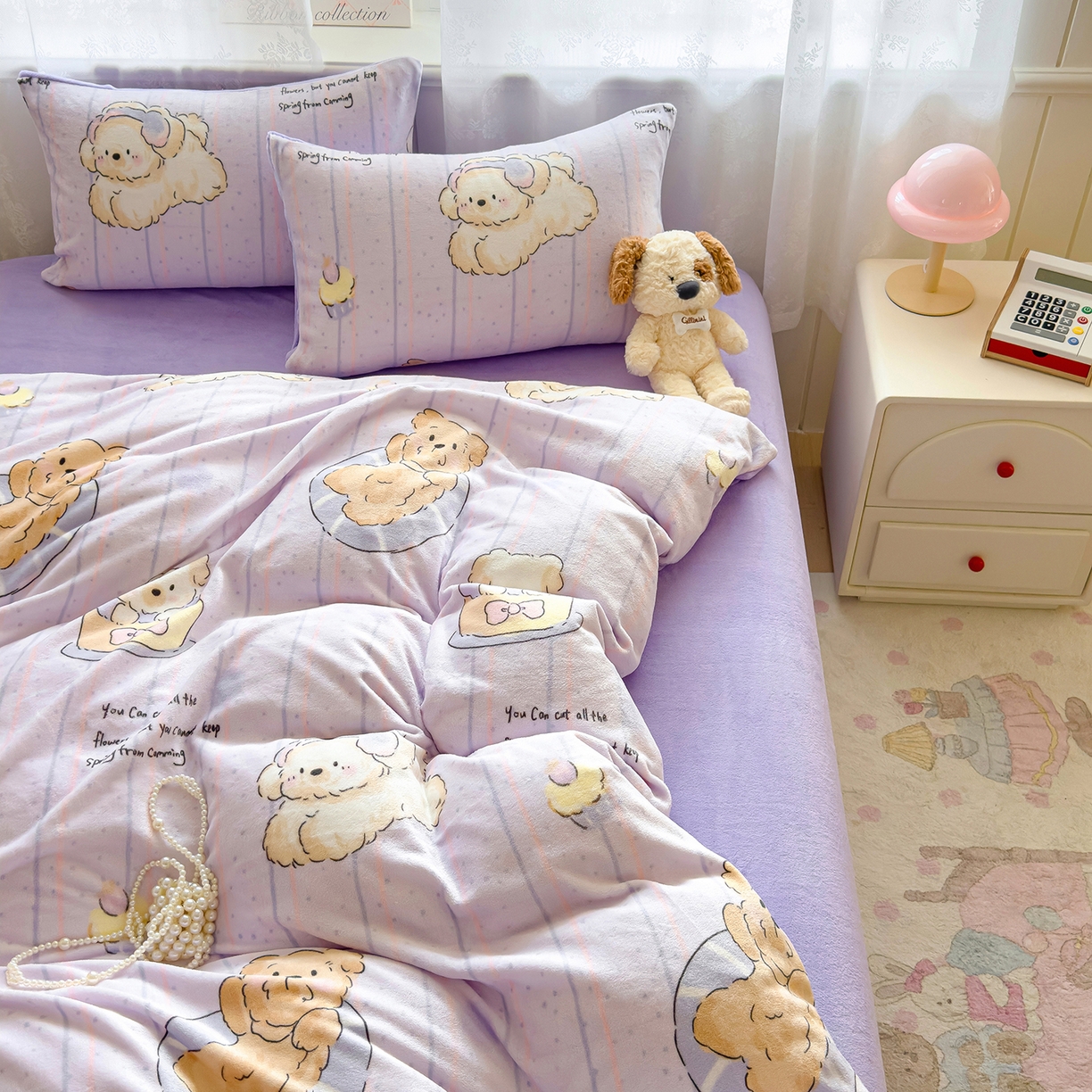 91家纺网 家纺一手货源 找家纺 灿哈家纺 2025新款200g加厚款小清新牛奶绒印花四件套 精灵狗