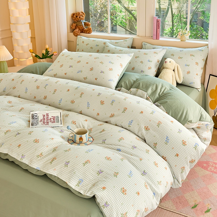 91家纺网 家纺一手货源 找家纺 卢赛尔 2025新款亲肤水洗珍珠棉印花单被套 格子-绿