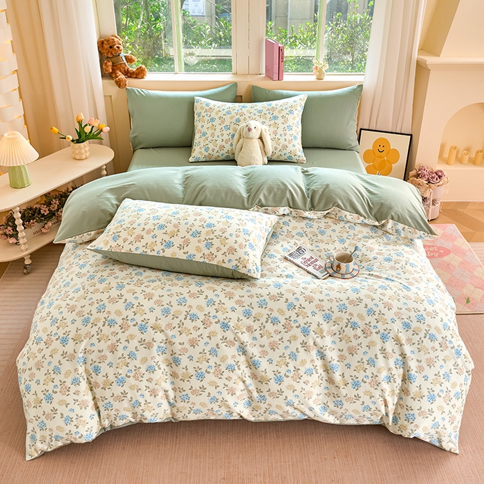 91家纺网 家纺一手货源 找家纺 卢赛尔 2025新款亲肤水洗珍珠棉印花单被套 山茶-绿