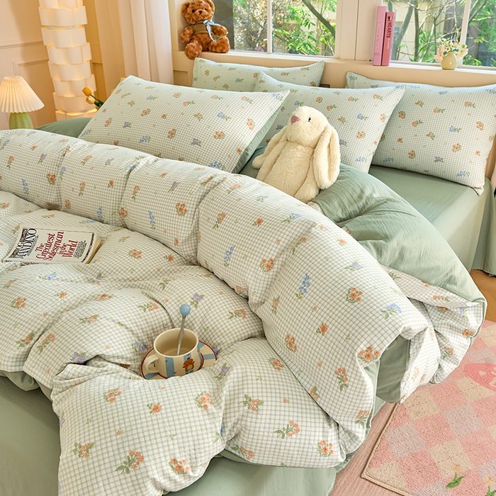91家纺网 家纺一手货源 找家纺 卢赛尔 2025新款亲肤水洗珍珠棉印花单被套 格子-绿
