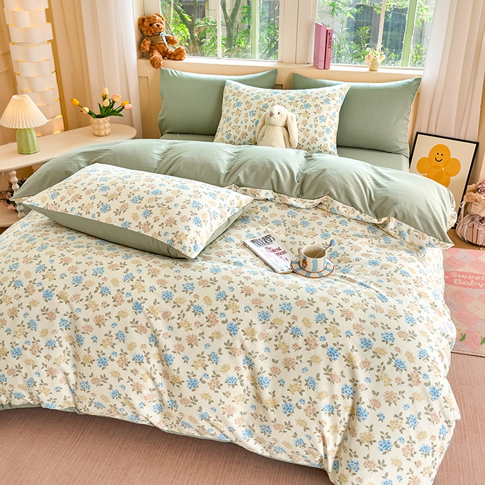 91家纺网 家纺一手货源 找家纺 卢赛尔 2025新款亲肤水洗珍珠棉印花单被套 山茶-绿