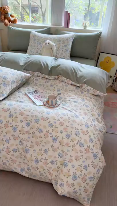 91家纺网 家纺一手货源 找家纺 卢赛尔 2025新款亲肤水洗珍珠棉印花单被套 山茶-绿