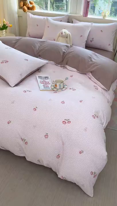 91家纺网 家纺一手货源 找家纺 卢赛尔 2025新款亲肤水洗珍珠棉印花单被套 相思粉