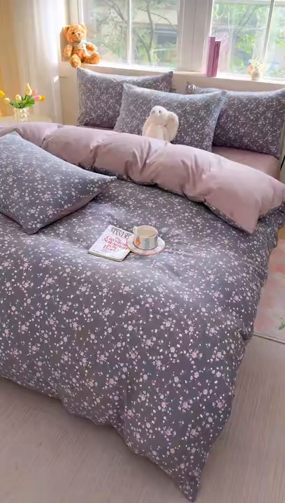 91家纺网 家纺一手货源 找家纺 卢赛尔 2025新款亲肤水洗珍珠棉印花单被套 南粉-灰